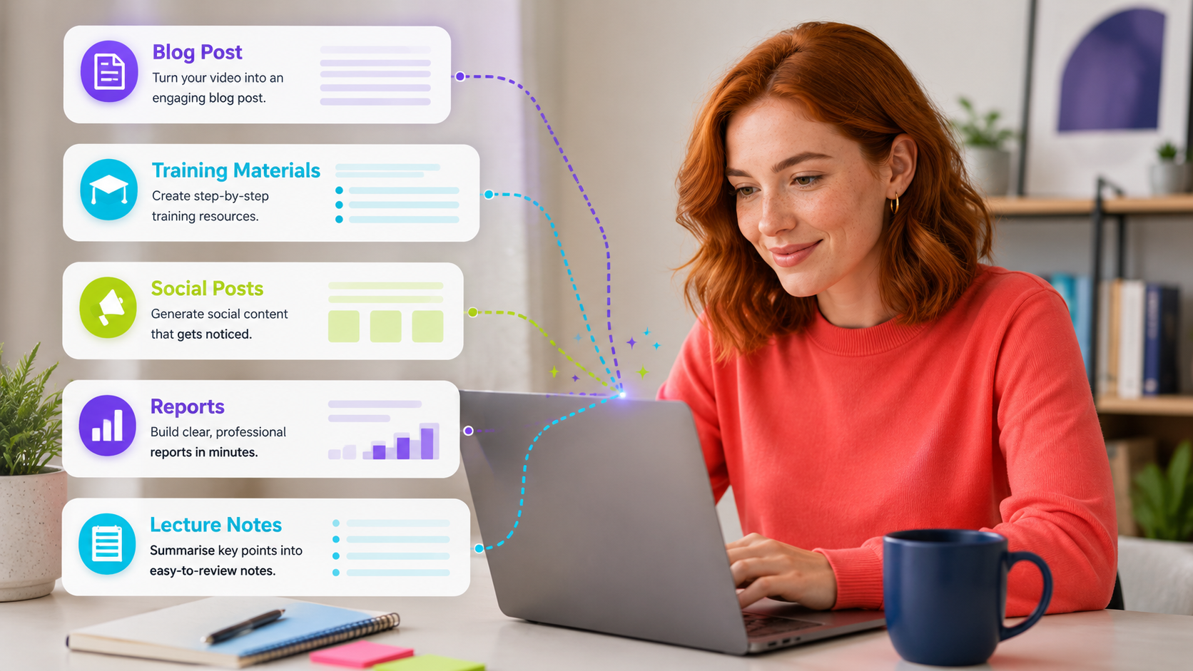 A woman at a laptop turning a video into an engaging blog post, step-by-step training materials, social posts, professional reports and easy-to-review notes