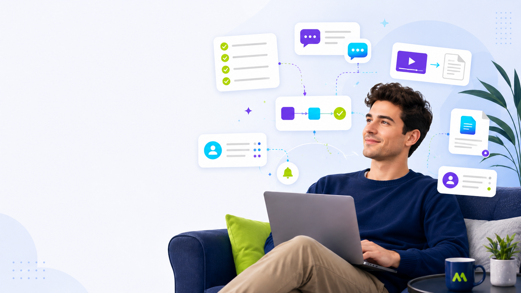 A business owner relaxing with a laptop while AI handles everyday tasks like chats, checklists, follow-ups and content around them