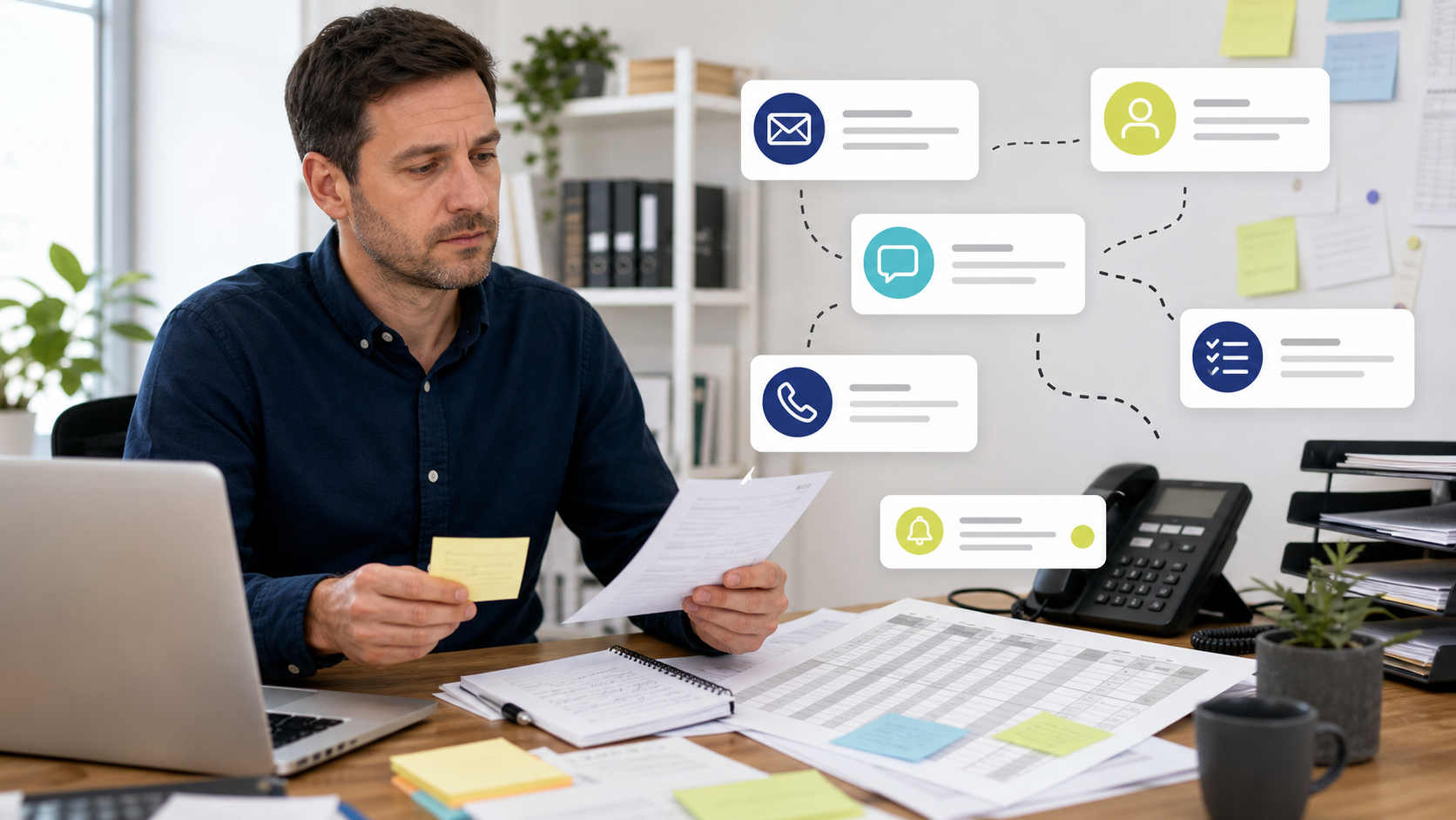 Operations manager sorting paper notes while disconnected customer message cards and a spreadsheet sit around the desk