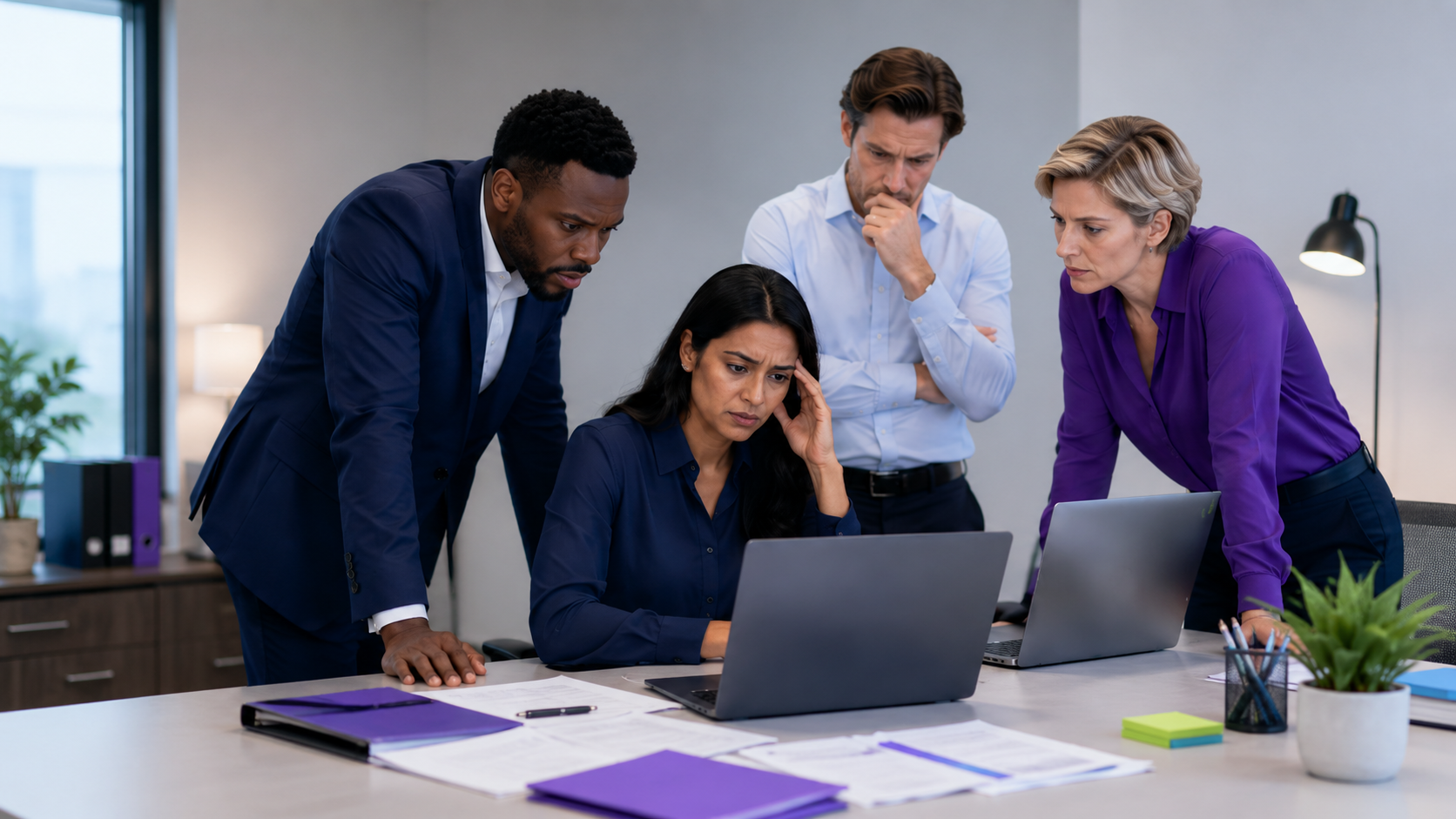 A team of four colleagues gathered around a laptop at a desk, looking concerned amid scattered paperwork