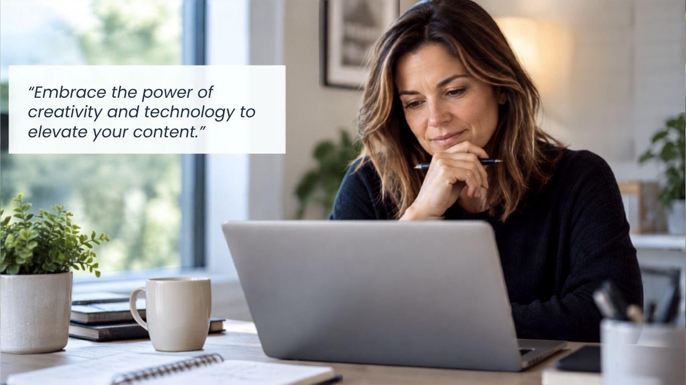 Marketer working on content at a laptop beside a message about creativity and technology