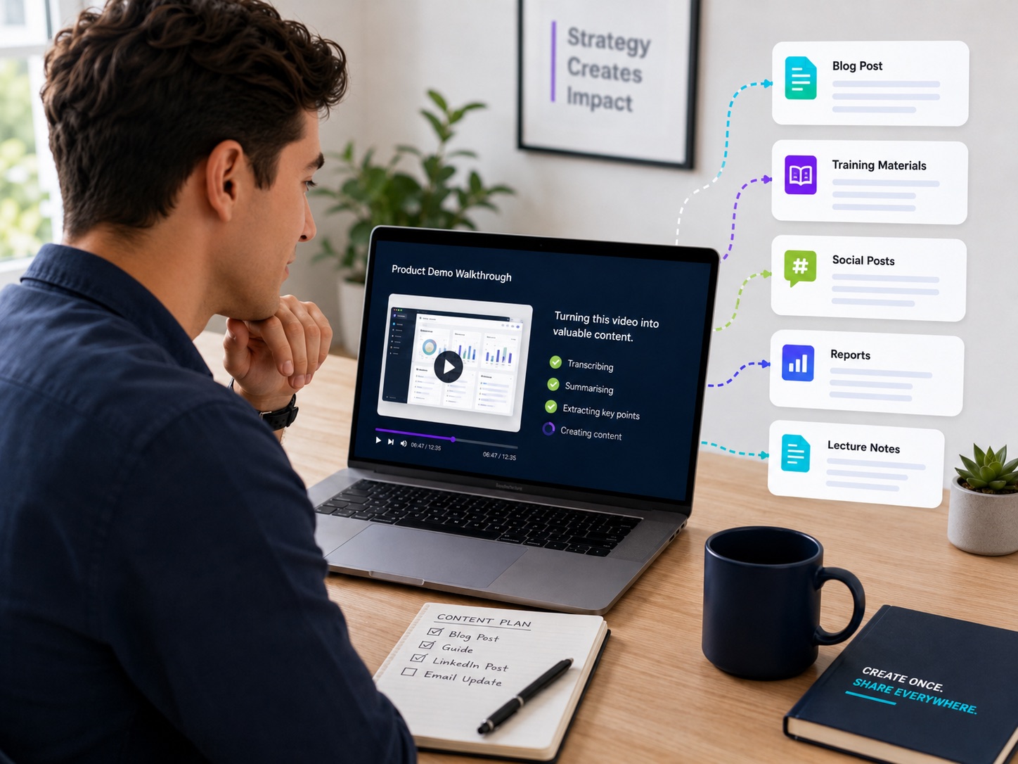 A recorded product demo being turned into an instant blog post, training materials, social posts, reports and searchable notes with OttBot Vision