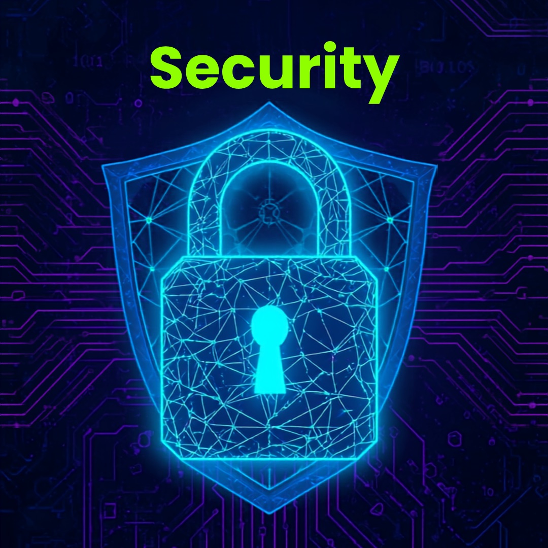 Neon padlock inside a shield over a circuit board, representing secure, encrypted AI
